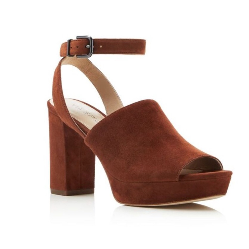 VIA SPIGA Womens Brown Adjustable Julee Peep Toe Block Heel Leather Sandal 7.5 M